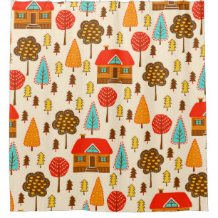 Seamless pattern with houses in the forest. Vintag Shower Curtain
