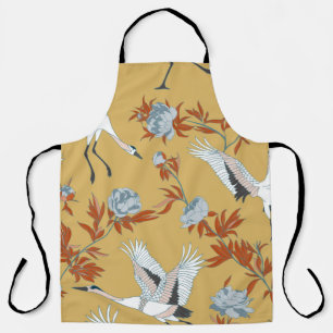 Seamless pattern with Japanese white cranes and pe Apron