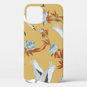 Seamless pattern with Japanese white cranes and pe iPhone 12 Case