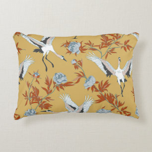 Seamless pattern with Japanese white cranes and pe Decorative Cushion