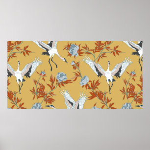 Seamless pattern with Japanese white cranes and pe Poster