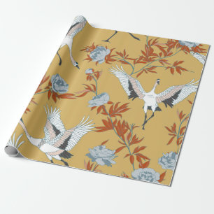 Seamless pattern with Japanese white cranes and pe Wrapping Paper