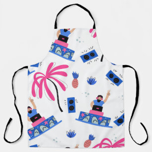Seamless pattern with joyful dj palm trees pineapp apron