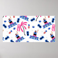 Seamless pattern with joyful dj palm trees pineapp