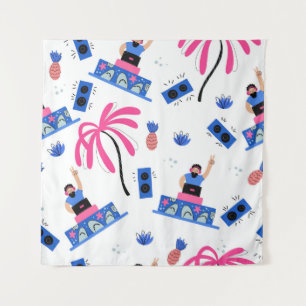 Seamless pattern with joyful dj palm trees pineapp tapestry