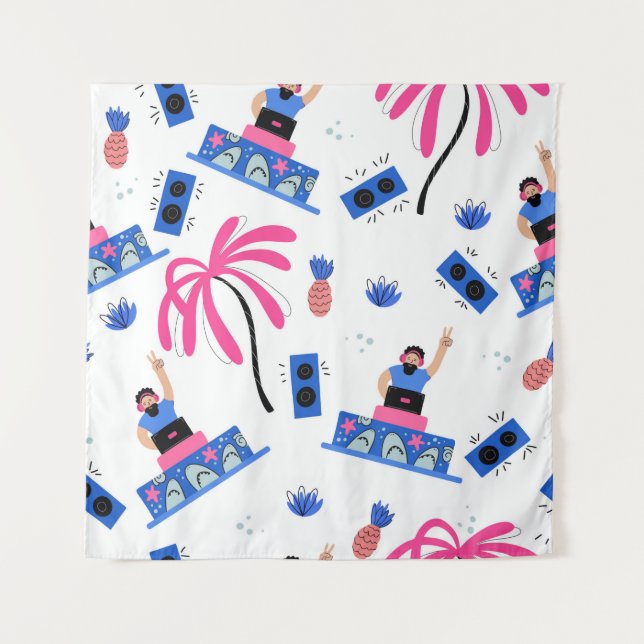 Seamless pattern with joyful dj palm trees pineapp tapestry (Front)