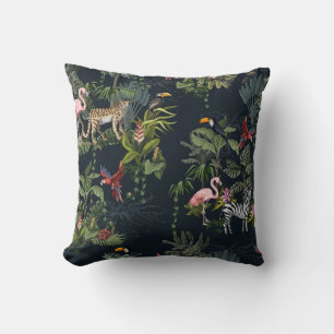 Seamless pattern with jungle animals, flowers and cushion