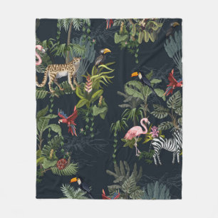 Seamless pattern with jungle animals, flowers and fleece blanket