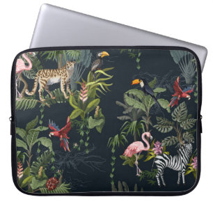 Seamless pattern with jungle animals, flowers and  laptop sleeve
