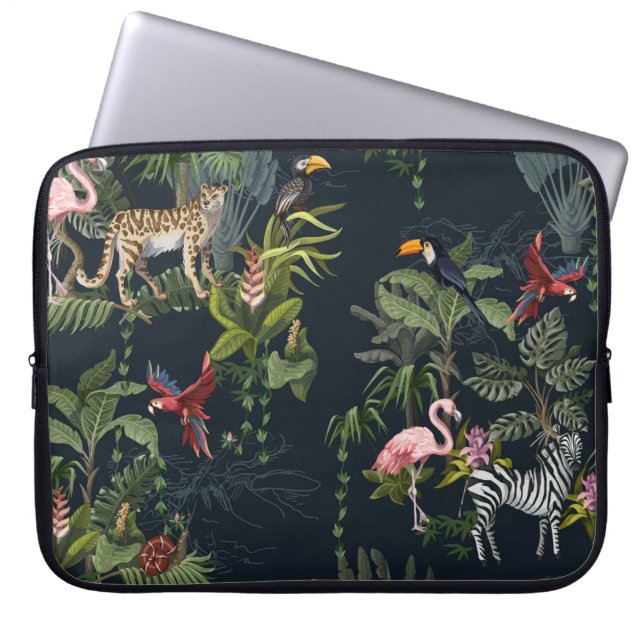 Seamless pattern with jungle animals, flowers and  laptop sleeve (Front)