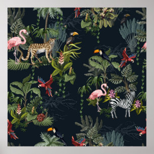 Seamless pattern with jungle animals, flowers and  poster