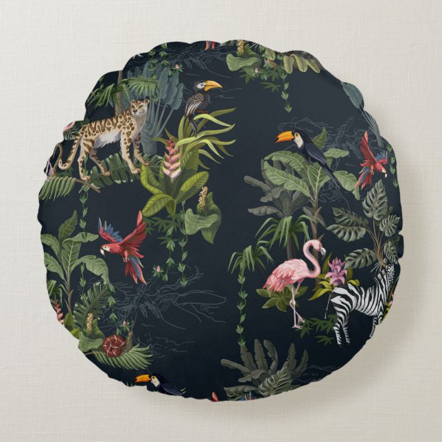 Seamless pattern with jungle animals, flowers and  round cushion (Front)