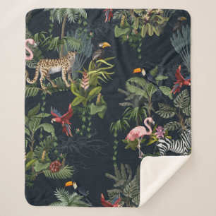 Seamless pattern with jungle animals, flowers and  sherpa blanket