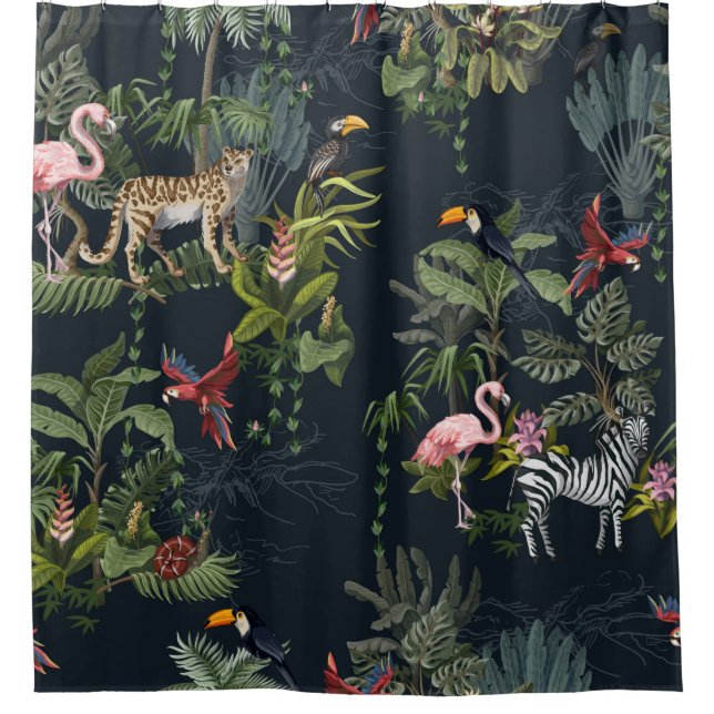 Seamless pattern with jungle animals, flowers and  shower curtain (Front)
