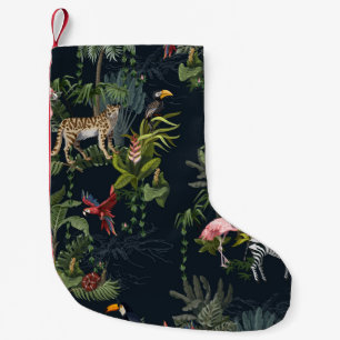 Seamless pattern with jungle animals, flowers and  small christmas stocking