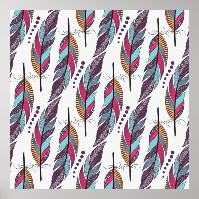 Seamless pattern with large coloured feathers and  poster (Front)
