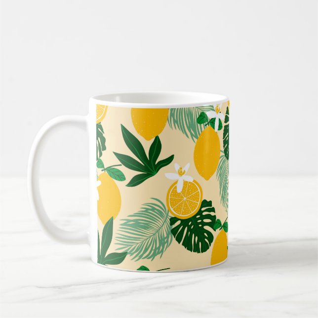 Seamless pattern with lemons and exotic palm leave coffee mug (Left)