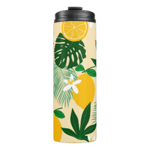 Seamless pattern with lemons and exotic palm leave thermal tumbler