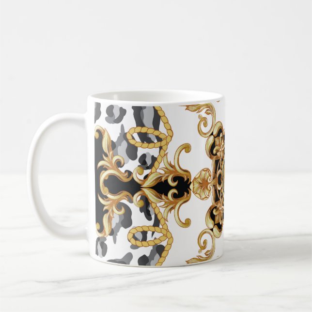 Seamless pattern with leopard skin and golden baro coffee mug (Left)