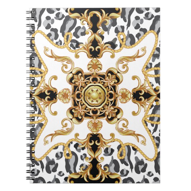Seamless pattern with leopard skin and golden baro notebook (Front)