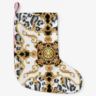 Seamless pattern with leopard skin and golden baro small christmas stocking