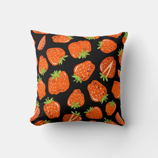 Seamless pattern with little strawberries on black cushion (Front)