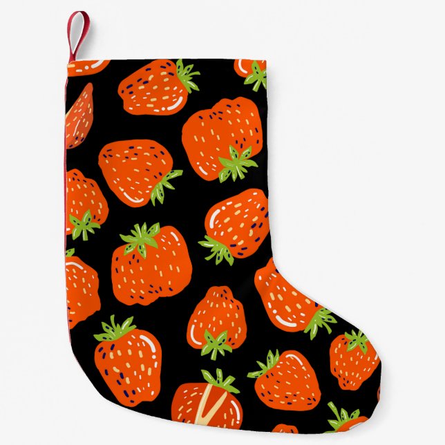 Seamless pattern with little strawberries on black small christmas stocking (Front)