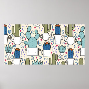 Seamless pattern with llama, cactus hand drawn des poster