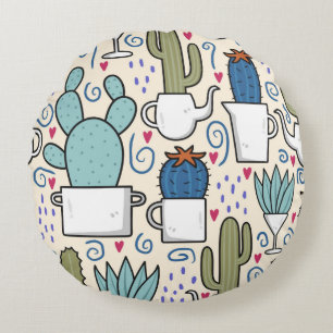 Seamless pattern with llama, cactus hand drawn des round cushion
