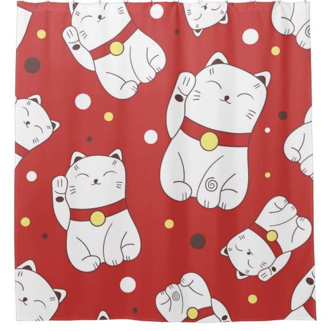 Seamless pattern with Maneki-Neko cat hand drawn i Shower Curtain (Front)