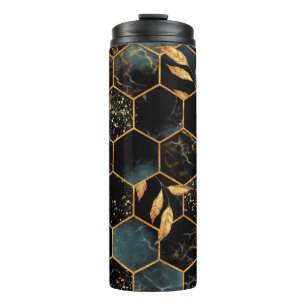 Seamless pattern with marble hexagon and golden le thermal tumbler
