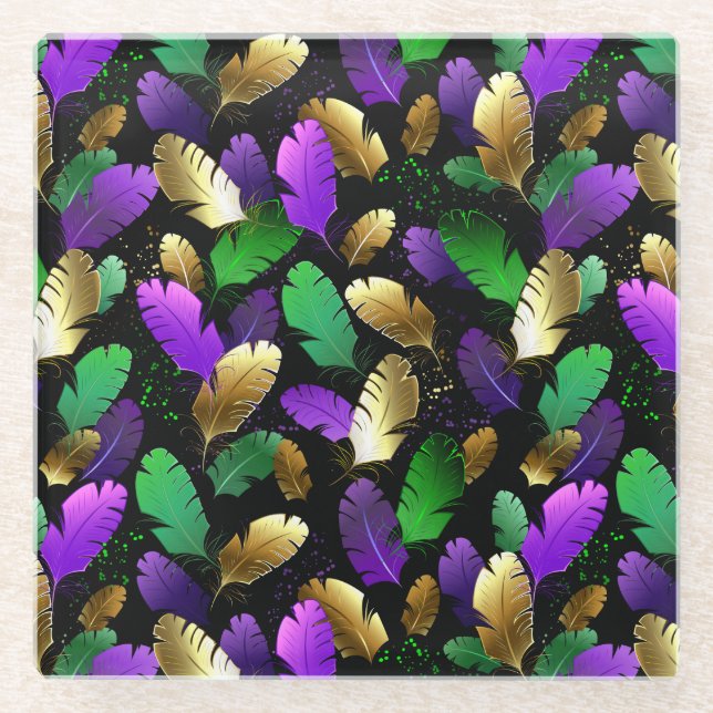 Seamless Pattern with Mardi Gras feathers Glass Coaster (Front)