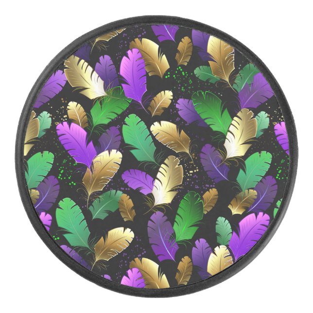 Seamless Pattern with Mardi Gras feathers Hockey Puck (Front)