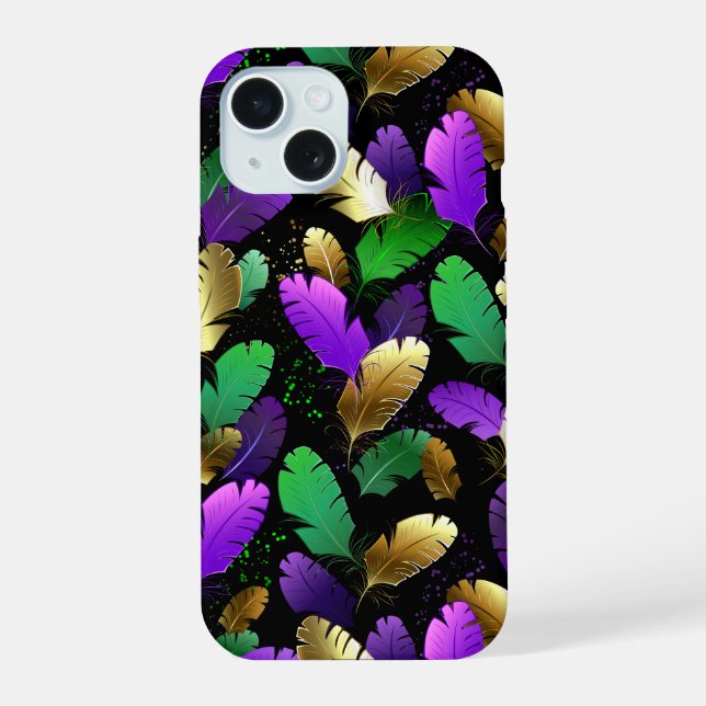 Seamless Pattern with Mardi Gras feathers iPhone 15 Case (Back)