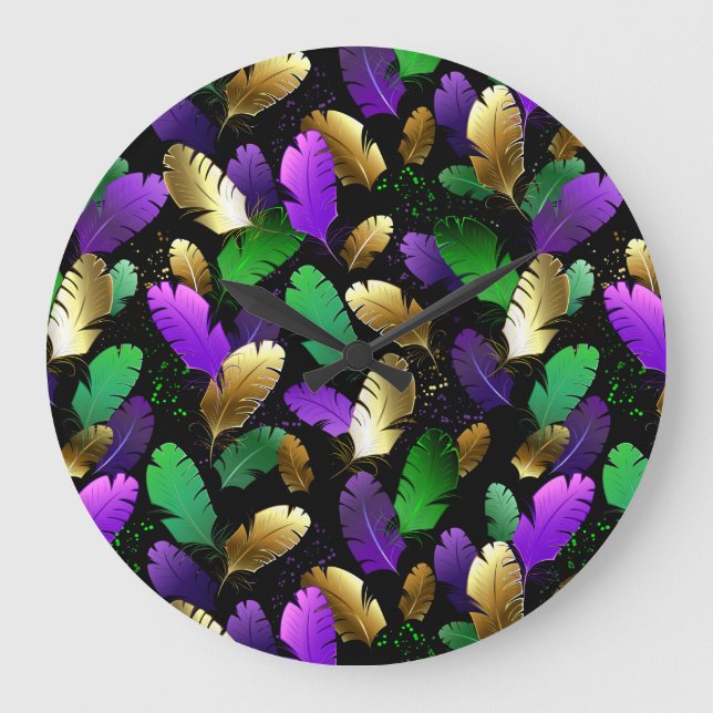 Seamless Pattern with Mardi Gras feathers Large Clock (Front)
