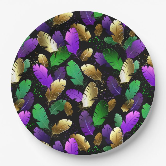 Seamless Pattern with Mardi Gras feathers Paper Plate (Front)