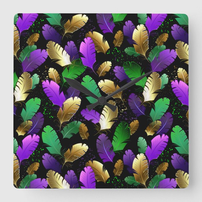 Seamless Pattern with Mardi Gras feathers Square Wall Clock (Front)