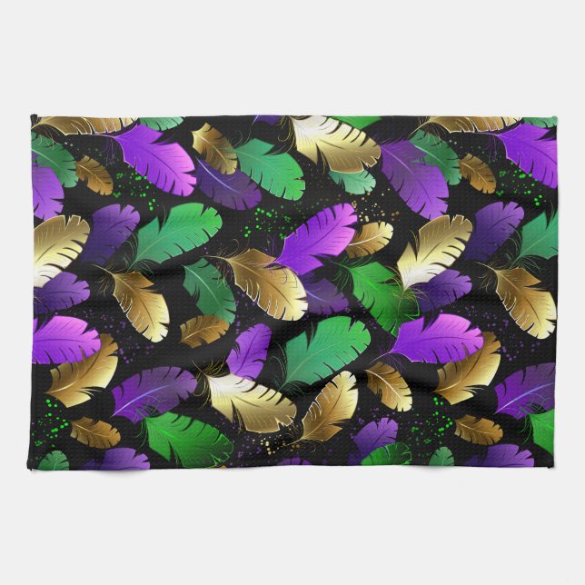 Seamless Pattern with Mardi Gras feathers Tea Towel (Horizontal)