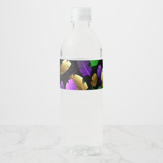 Seamless Pattern with Mardi Gras feathers Water Bottle Label (Front)