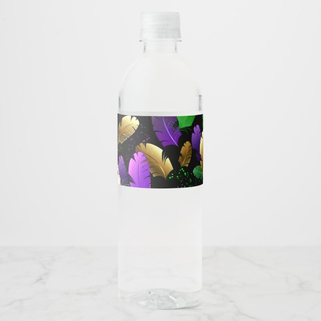 Seamless Pattern with Mardi Gras feathers Water Bottle Label (Front)