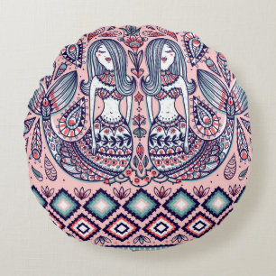 seamless pattern with mermaids and folk elements round cushion