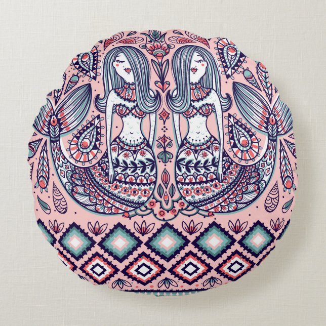 seamless pattern with mermaids and folk elements round cushion (Front)
