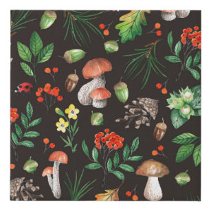 Seamless pattern with mushrooms,nuts,leaves,acorns faux canvas print