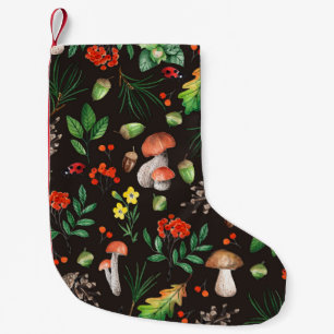 Seamless pattern with mushrooms,nuts,leaves,acorns small christmas stocking