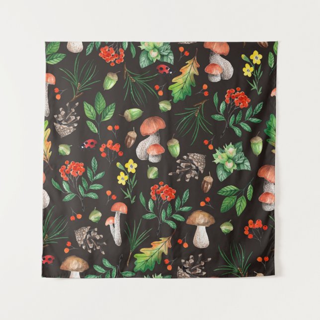 Seamless pattern with mushrooms,nuts,leaves,acorns tapestry (Front)