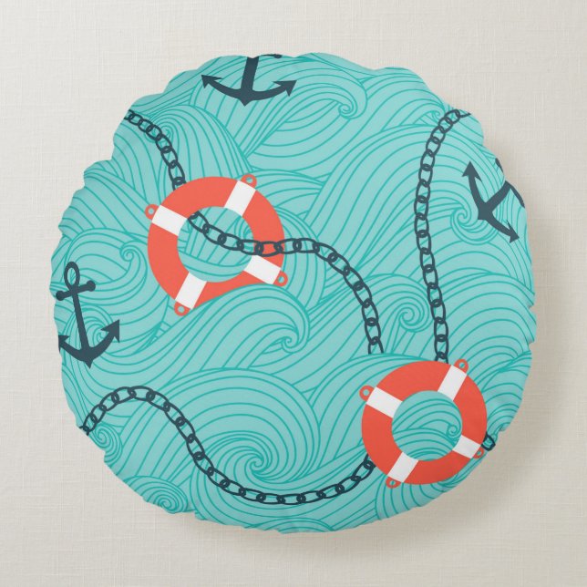 Seamless pattern with nautical attributes. Freehan Round Cushion (Front)
