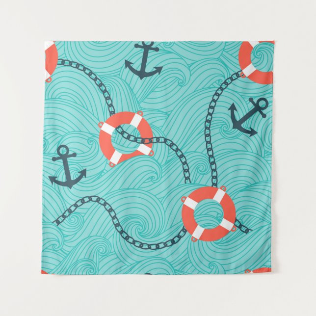 Seamless pattern with nautical attributes. Freehan Tapestry (Front)