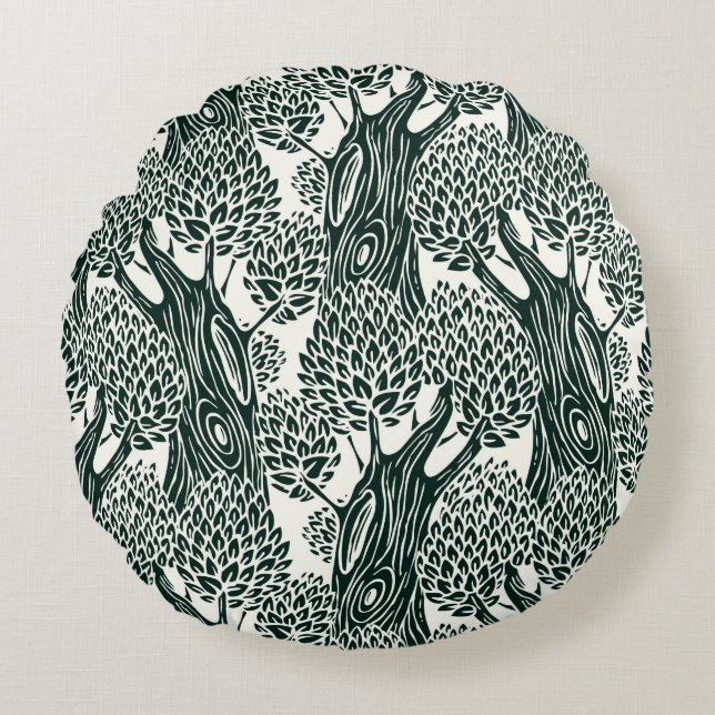  seamless pattern with old deciduous trees. Styliz Round Cushion (Front)