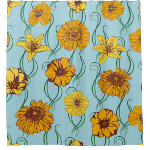 Seamless pattern with orange flowers of wild rose, shower curtain