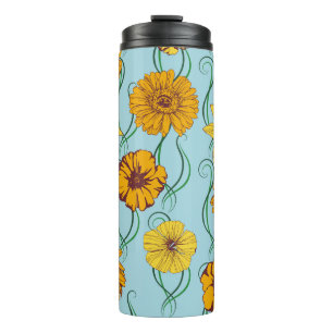 Seamless pattern with orange flowers of wild rose, thermal tumbler